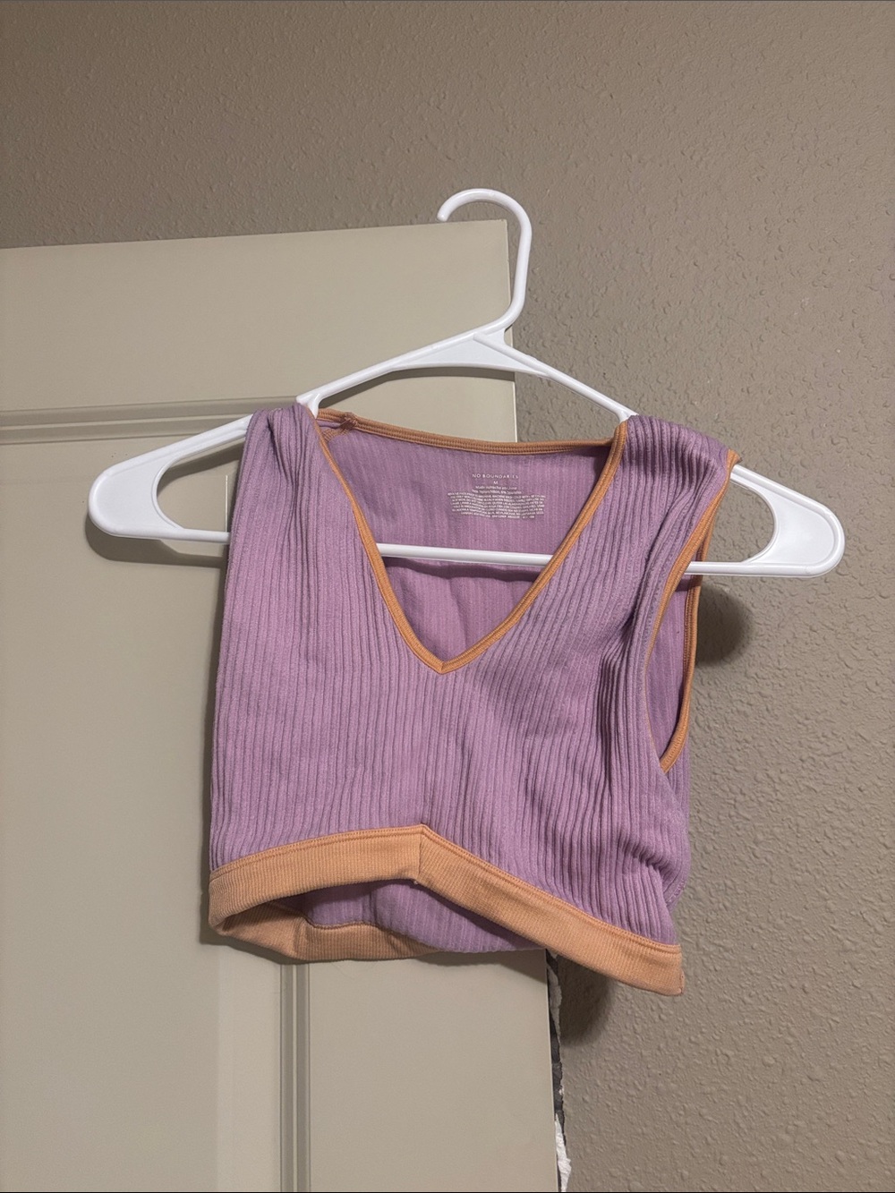 Women's Lavender Ribbed Cropped Tank with Tan Trim